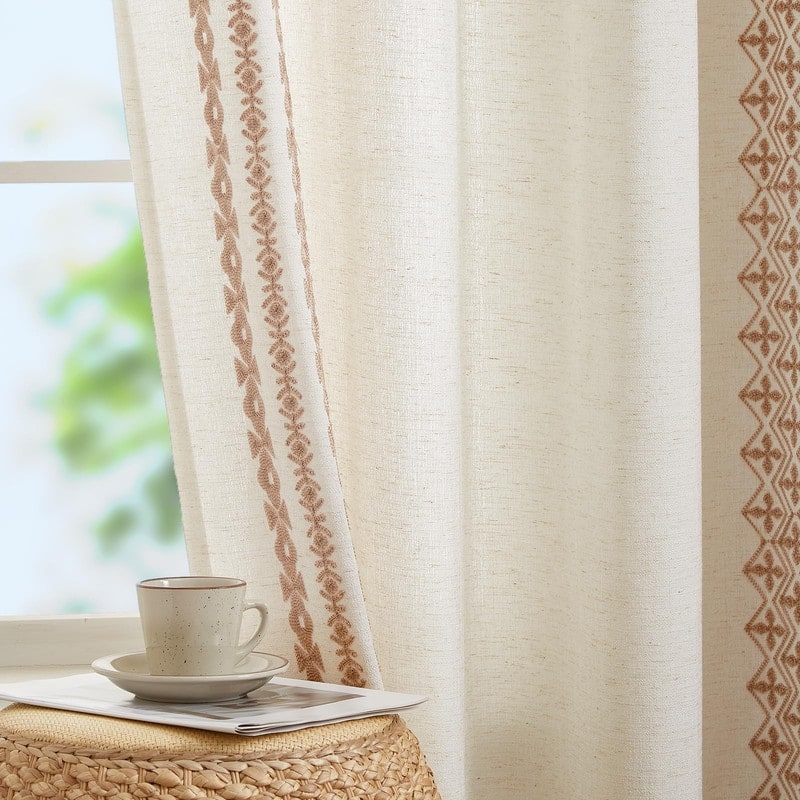 Vintage Farmhouse Curtains Boho Embroidered, 2 Panels