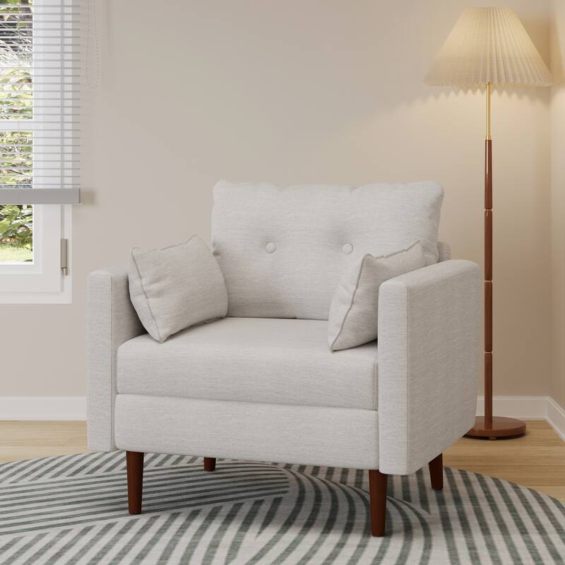 Modern 34.5" Upholstered Club Chair with Birch Wood Legs and Pillows for Living Room - Beige