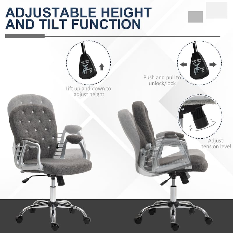 Button Tufted Teddy Fleece Task Chair with Padded Seat, Curved Backrest, and Adjustable Height for Home Use