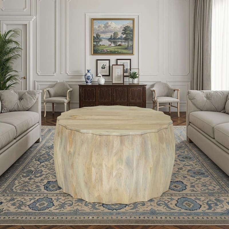 Facet 30" Diamond Carved Round Mango Wood Coffee Table - Elegant Cylindrical Base, Walnut Finish Accent Table