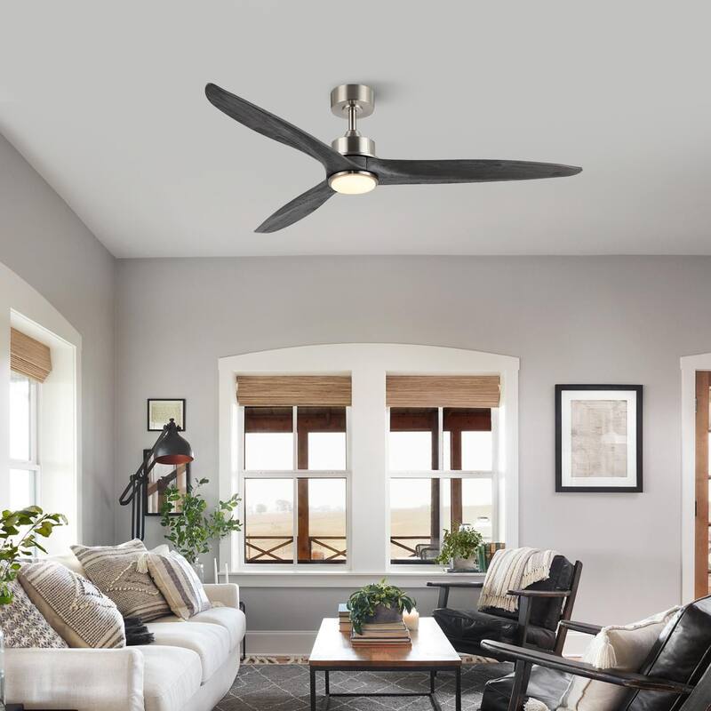 WINGBO 60 Inch DC Ceiling Fan with Lights and Remote Control, 3 Reversible Carved Wood Blades, 6-Speed Noiseless DC Motor - Nickel and Grey