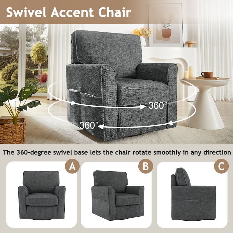 Chenille 360° Swivel Barrel Chair with Side Pockets, Ergonomic Support, and Removable Cushions