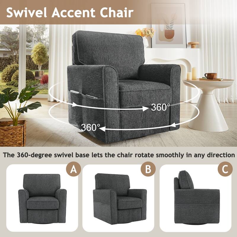 Round Lounge Chair Armchair Swivel Sofa Chair with Side Storage Pockets, Swivel Chair Accent Barrel Chair