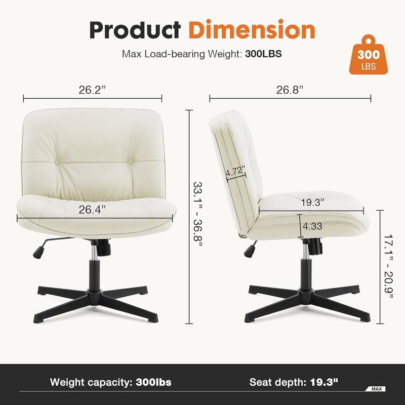 PU Leather Tilt Wide Seat Ergonomic Task Chair with Armless, Criss Cross Legged and No Wheels