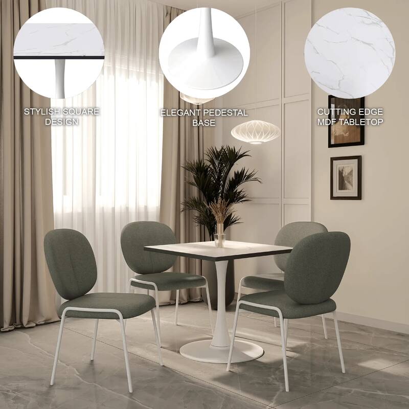 Bristol Square Dining Table with Marbled White MDF Top and White Steel Pedestal Base