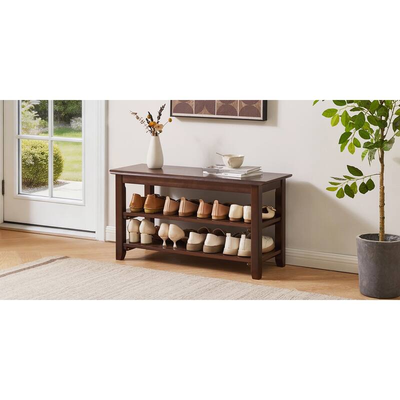 Solid Wood Shoe Bench, 2-Tier Entryway Shoe Rack Bench, Wooden Shoe Organizer with Storage Shelves, Seat Shoe Bench for Hallway