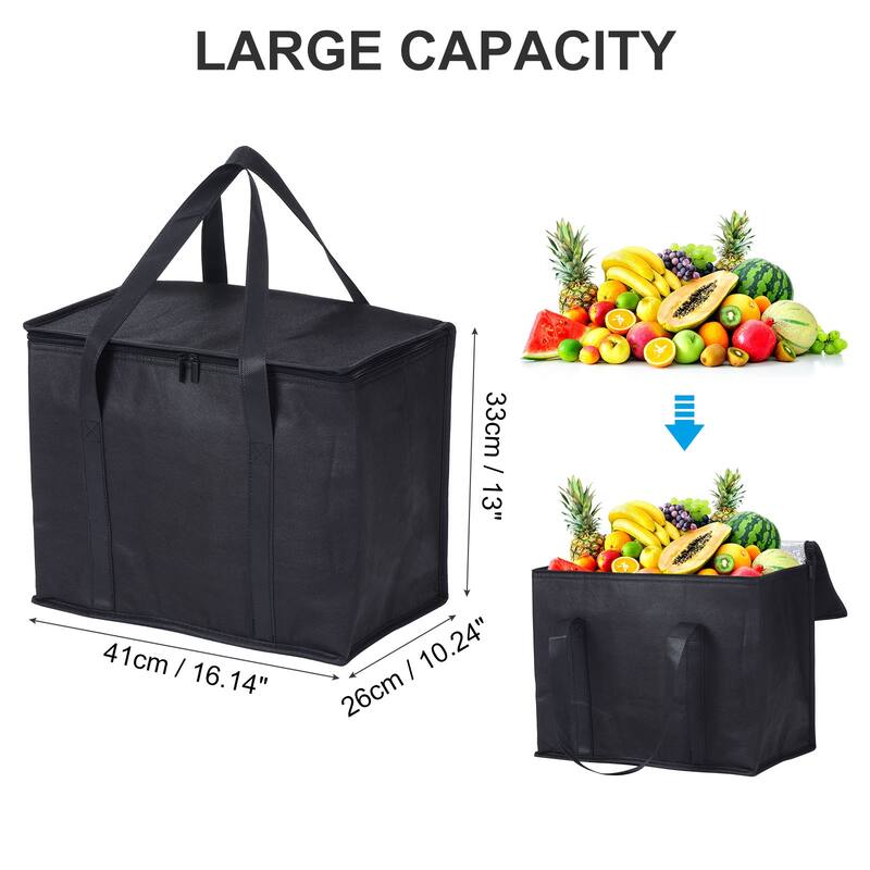 2Pcs Insulated Reusable Grocery Bag Food Delivery Bag with Zipper 16x10x13" - Black - Black