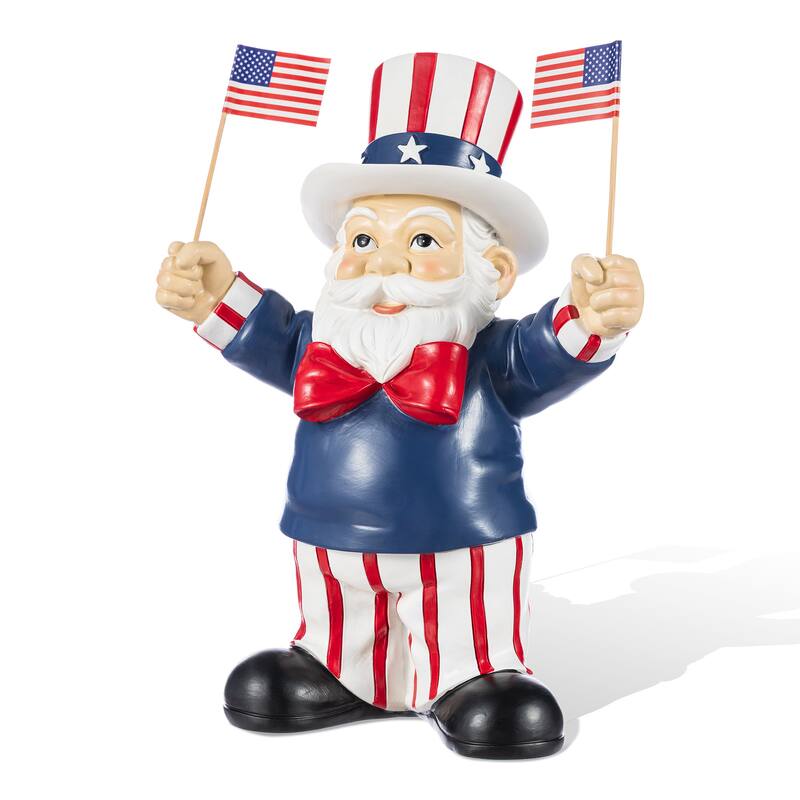 Glitzhome 9"H Patriotic/ Americana Polyresin Santa Holding Flags Table Decor