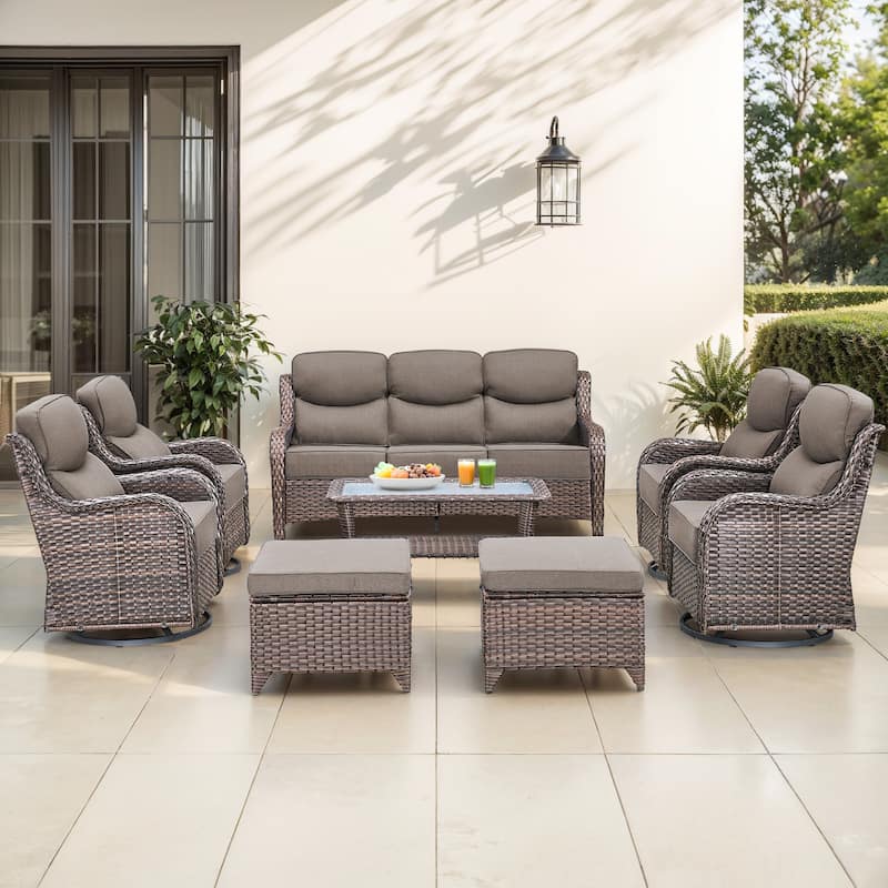 Gymojoy 8-Piece Patio Furniture Set with Swivel Glider Chairs, 6-Inch Ultra-Plush Cushions & Water-Resistant Olefin Fabric - Brown Wicker / Grey Cusion - 8-Piece