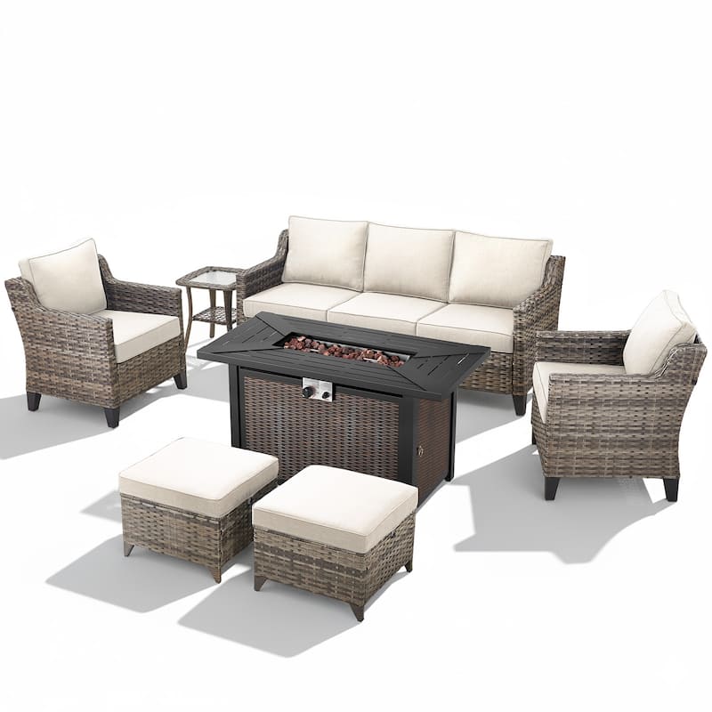 Glissia 7-Piece Gray Wicker Fire Pit Conversation Set with Wicker fire pit
