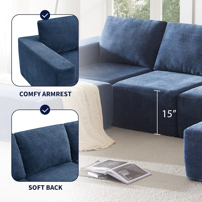 Modular U-Shaped Sectional Sofa with 2 Ottomans, Chenille Cloud Floor Couch, Fully Compressed Upholstered Sofa