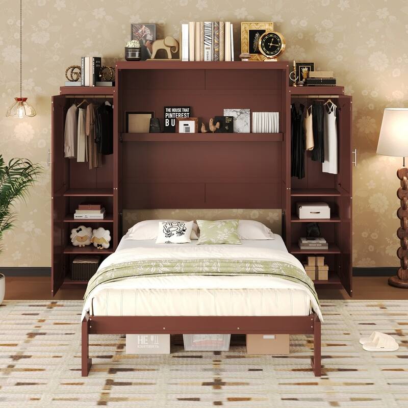 Modern Murphy Bed with Two Wardrobe and Storage Shelf