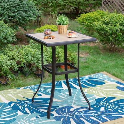 Patio Bar Table, Outdoor Bar Height Dining Table with Wooden-Like Top and Metal Frame