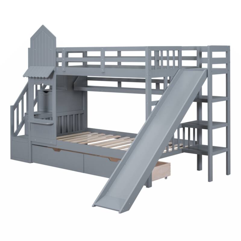 Twin-Over-Twin Castle Style Bunk Bed with 2 Drawers 3 Shelves and Slide