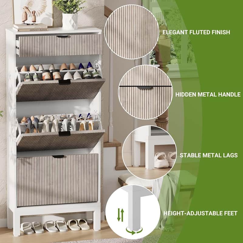 Shoe Storage Cabinet with 3 Flip Drawers, Fluted Shoe Organizer with Metal Legs