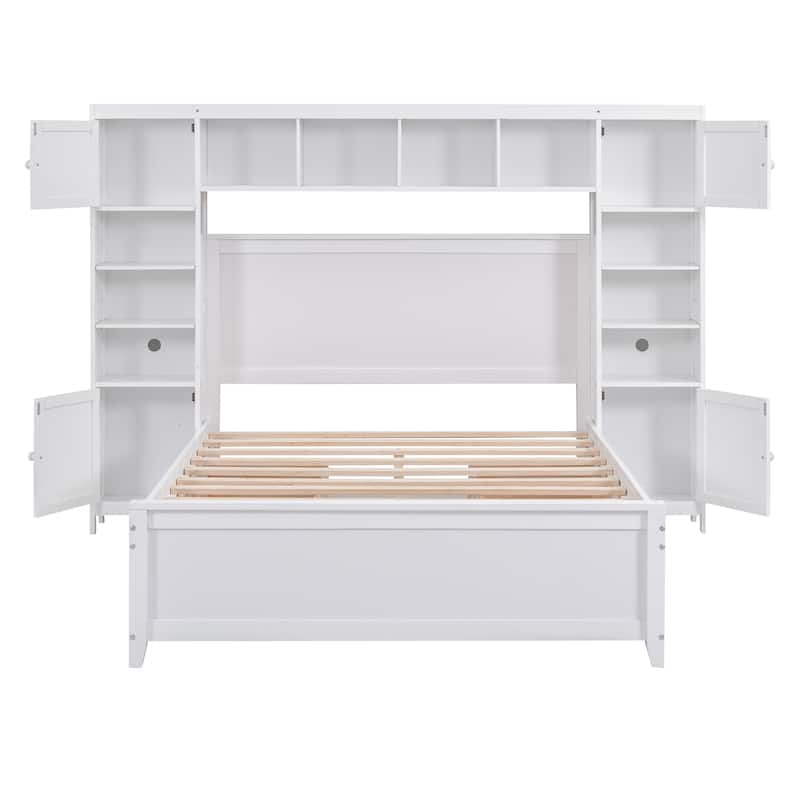 Full Size Platform Bed with All-in-One Cabinet and Shelf, Wooden Full Beds Frame with 4 Storage Drawers and Bookcase Headboard