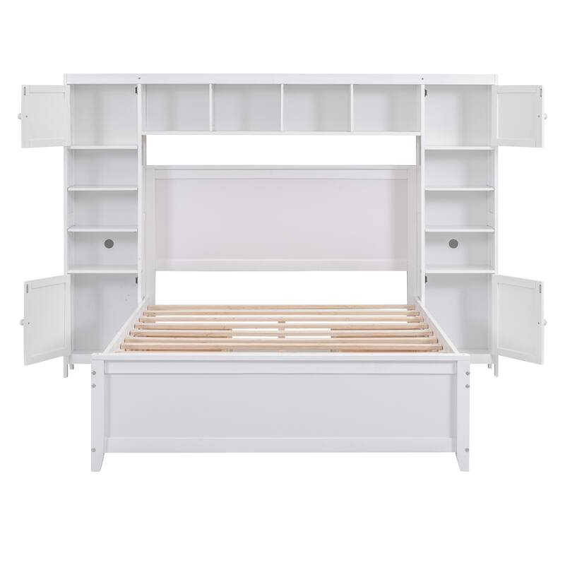 Wooden Platform Bed with Cabinet, Shelves, and Drawers