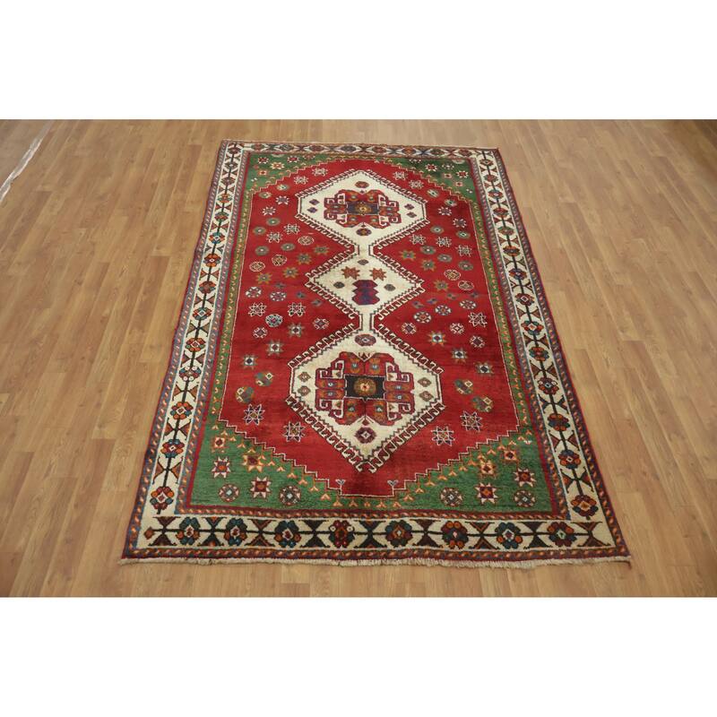 Hand Knotted Oriental 100% Wool Carpet Traditional Tribal Red Shiraz Area Rug - 8' 1'' X 5' 2''