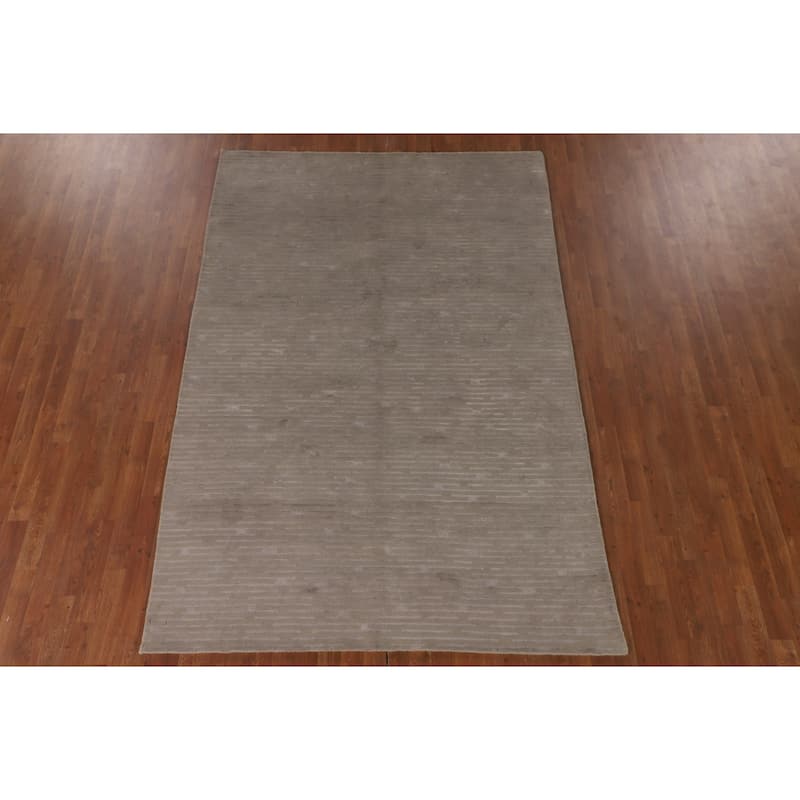 Beige Striped Nepalese Oriental Area Rug Hand-Knotted Wool Carpet - 5'10" x 8'8"