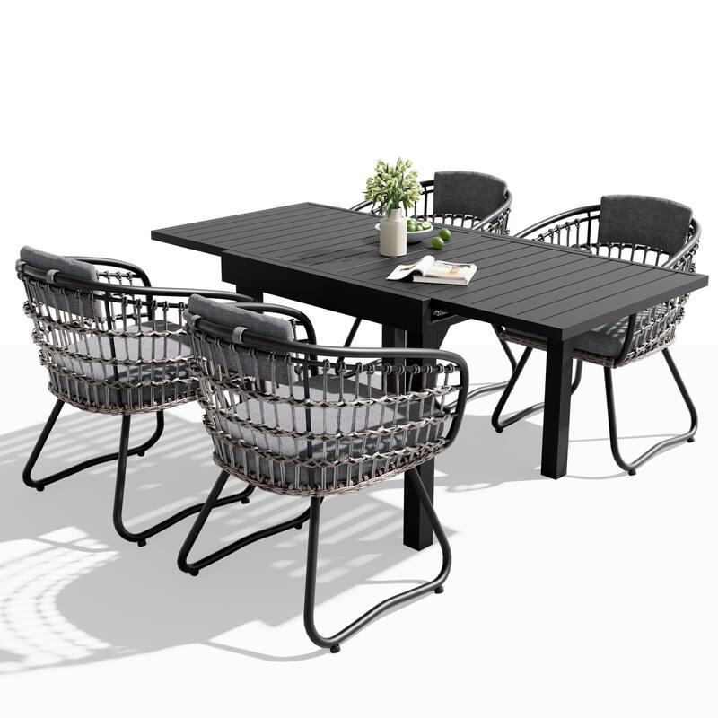 VredHom 5PC Outdoor Patio Extendable Table Dining Sets Table with Rattan Chairs - Table-Black&Chair-Grey