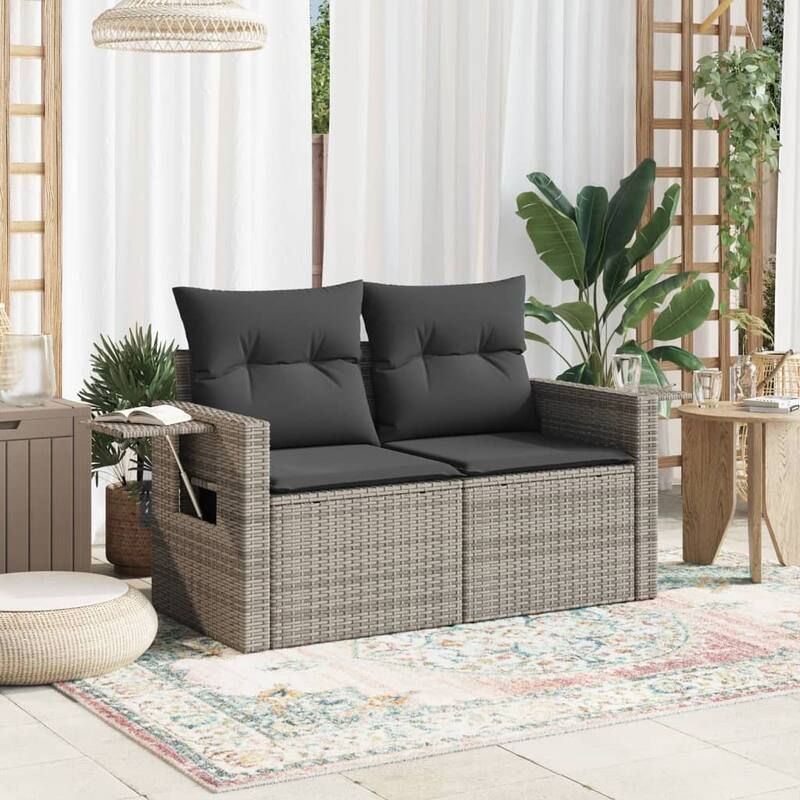 vidaXL Patio Sofa with Cushions 2-Seater Loveseat Modular Couch Poly Rattan - 24.4 x 48.8 x 27.2 in