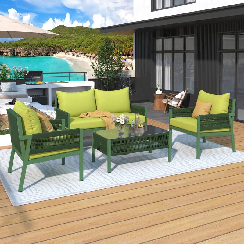 4-Piece Patio Furniture Set, Outdoor Garden Conversation Set with Tempered Glass Table, Deep Seating and Thick Cushion