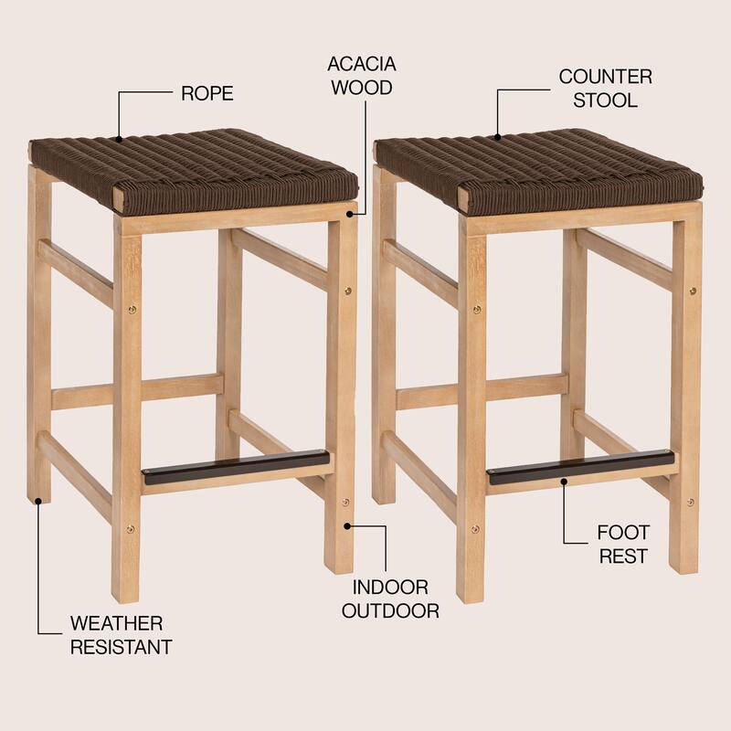 Armand Backless Acacia Wood Outdoor Stool with Woven Rope Seat, (Set of 2)