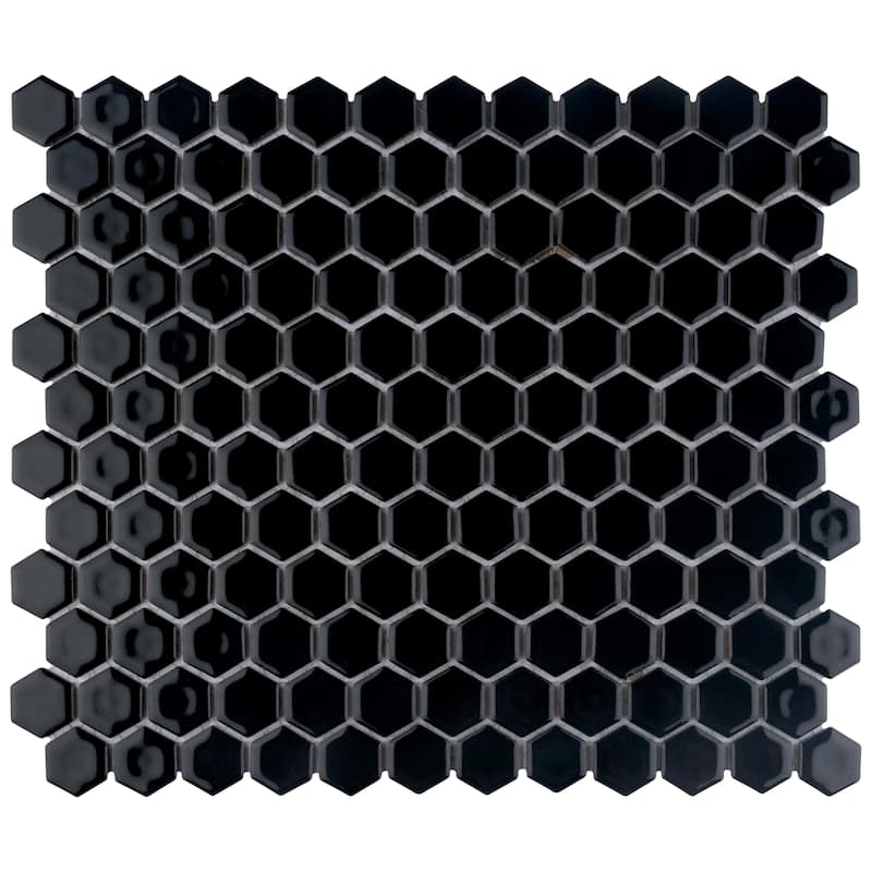 Merola Tile Hudson 1" Hex Glossy Black 11-7/8" x 13-1/4" Porcelain Mosaic Floor and Wall Tile - Case (10 Tiles)