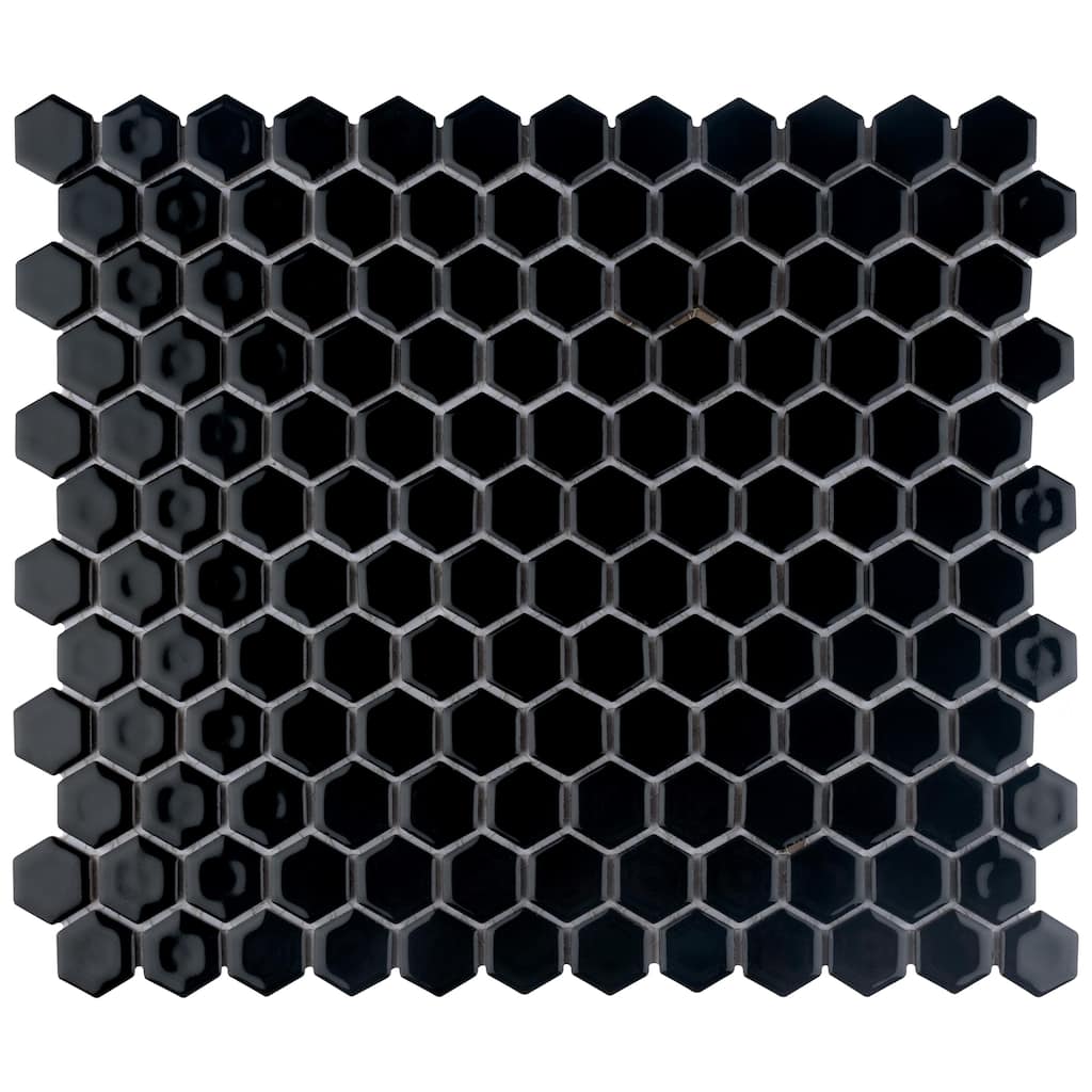 Merola Tile Hudson 1" Hex Glossy Black 11-7/8" x 13-1/4" Porcelain Mosaic Floor and Wall Tile