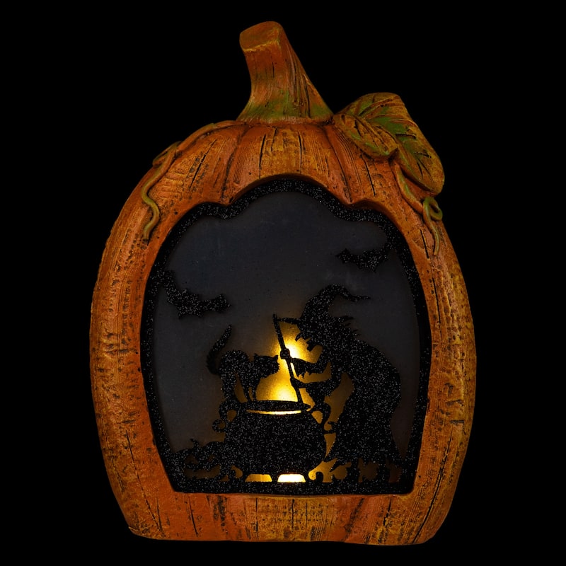 Witch Stirring Flickering Cauldron Scene Inside Pumpkin Halloween Decoration - 13" - LED Orange Light