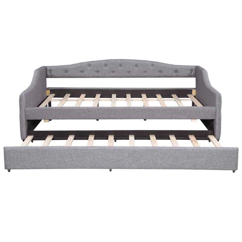 Linen Fabric Daybed Sofa Bed with LED Lights on Both Sides, Upholstered Tufted Platform Bed Frame with Trundle Bed