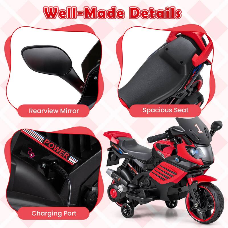 Costway 6V Kids Motorcycle with Music, Horn, Detachable Training