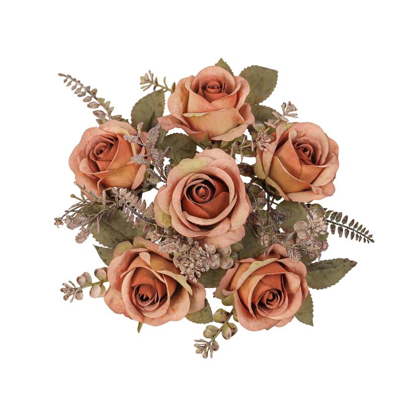 Set of 2 Brown Artificial Rose Flower Stem Bush Bouquet 15in - 15" L x 8" W x 8" DP