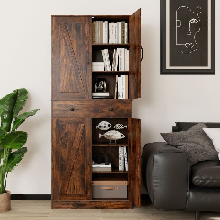 Farmhouse Pantry Cabinet with Barn Doors Tall Kitchen Storage Organizer with Adjustable Shelves
