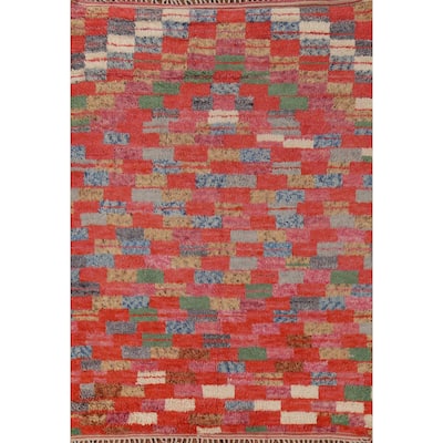 Checkered Moroccan Area Rug Handmade Orange Wool Carpet - 7'1" x 10'0"