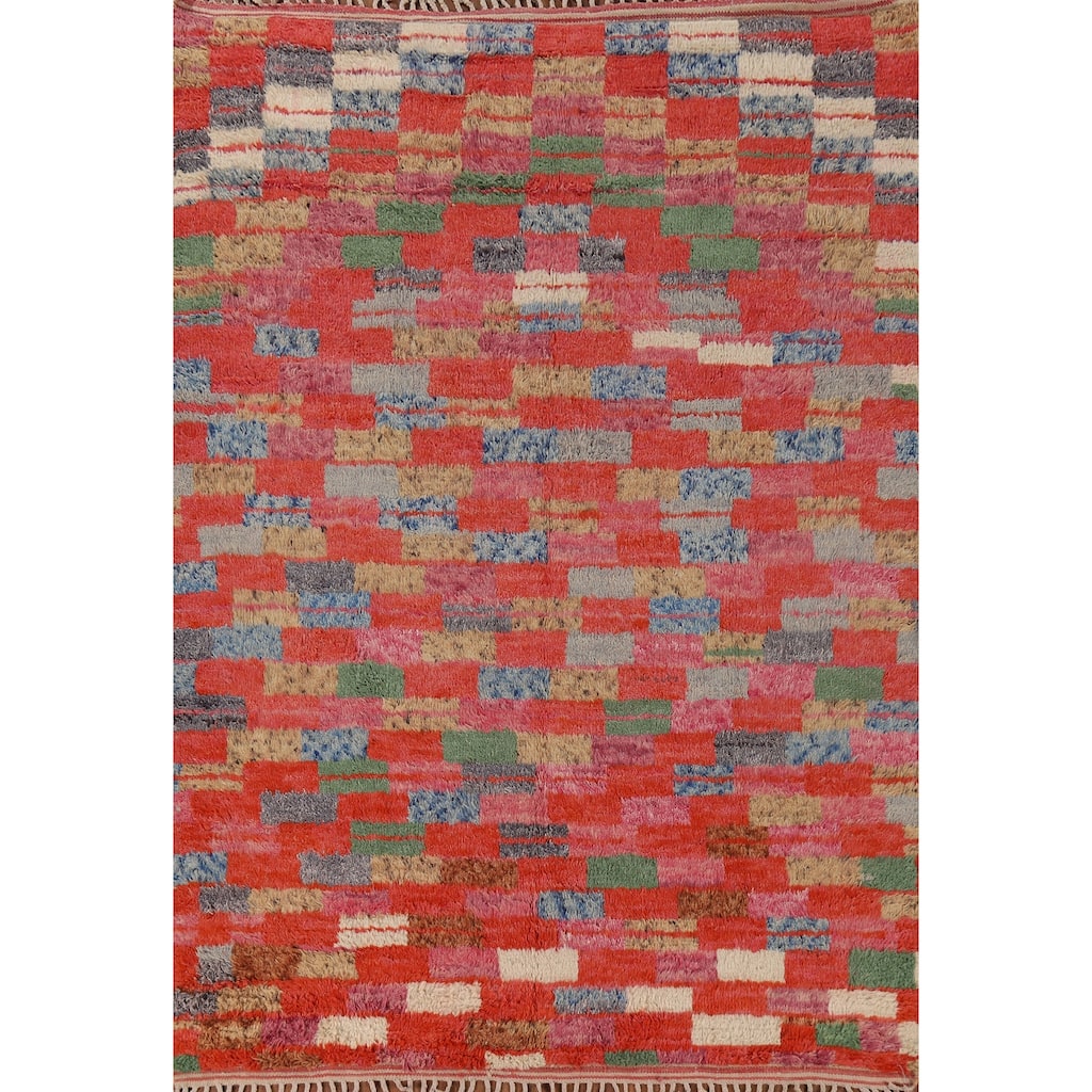 Checkered Moroccan Area Rug Handmade Orange Wool Carpet - 7'1" x 10'0"