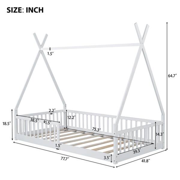 dimension image slide 0 of 2, Twin Size Floor Bed, Platform Bed Frame with Fence and Roof, Solid Wood Playhouse Bedframe w/Open Door, No Box Spring Needed