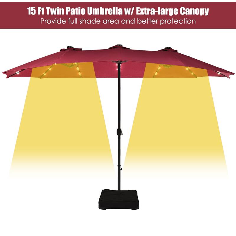 Costway 15Ft Patio Double-Sided Solar LED Market Umbrella Crank Base