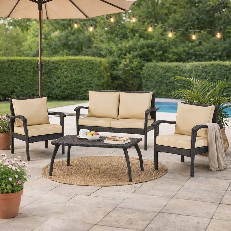 Honi 4pc Outdoor Table Set, 2 Accent Chairs 1 Loveseat, Brown Rattan, Iron