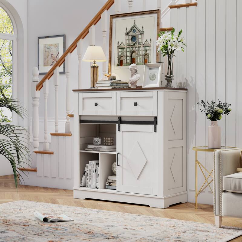 Coffee Bar Cabinet with Sliding Barn Door, Buffet Cabinet with Storage Shelves, Kitchen Sideboard with 2 Drawers