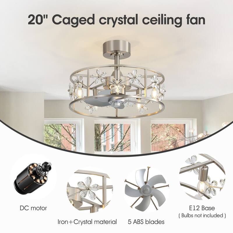 20" Glam Crystal Chandelier Caged Ceiling Fan with Light and Remote