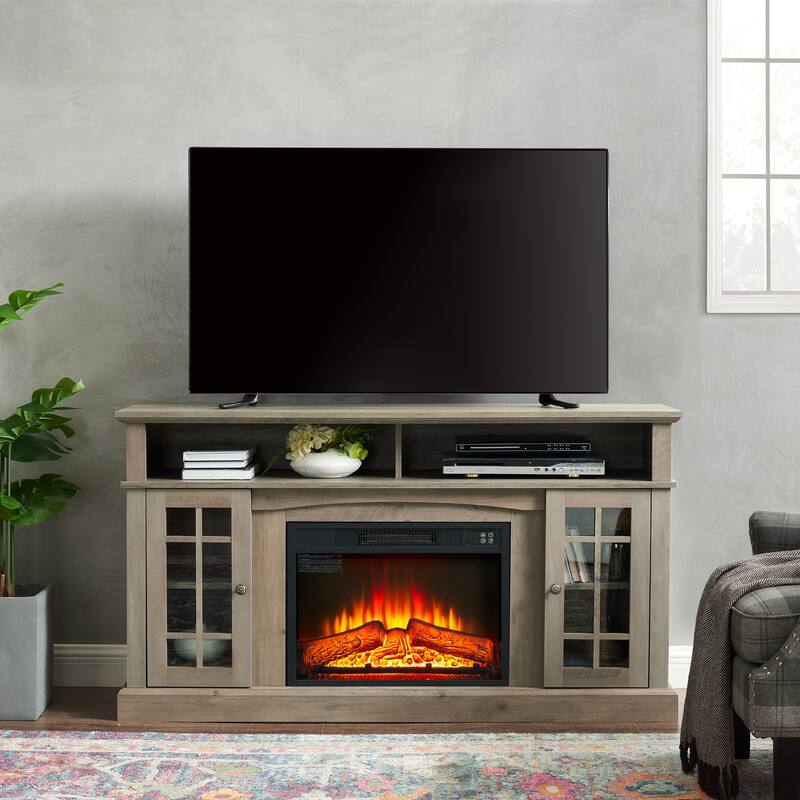 ​​Classic American Fireplace TV Stand with 2 Drawers and 2 Storage Cabinets for Living Rooms and Bedrooms​ - Gray Wash