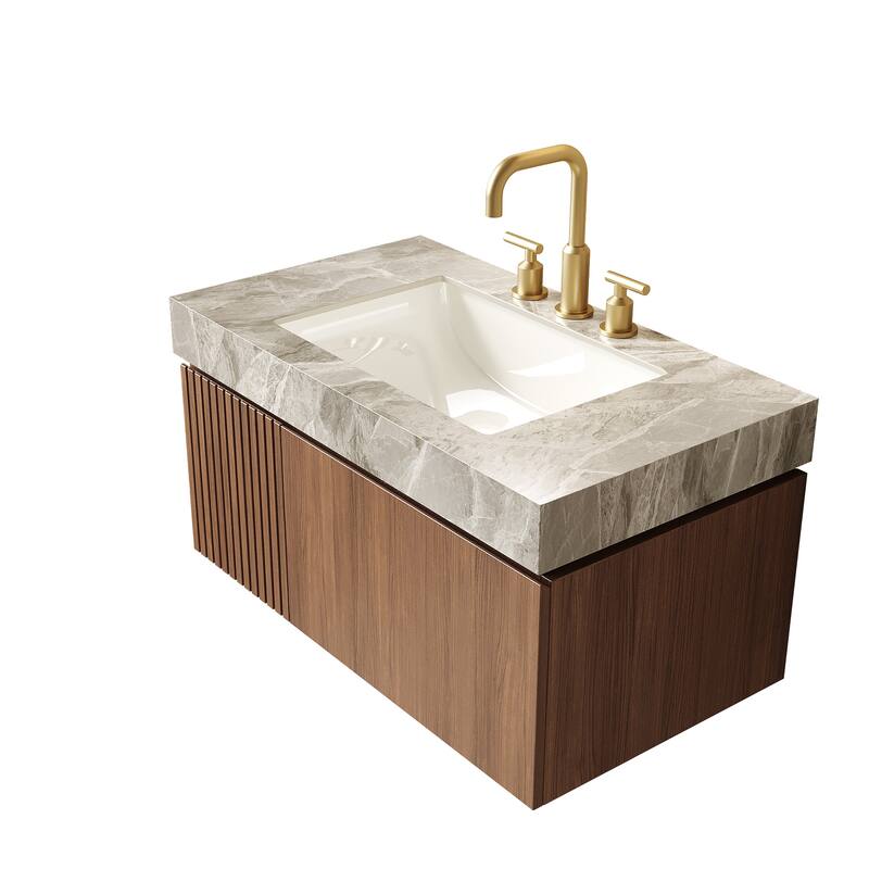 36" Bathroom Vanity & Sink, Floating Plywood Storage Cabinet with Drawer & Door, Sintered Stone Top & Ceramic Basin