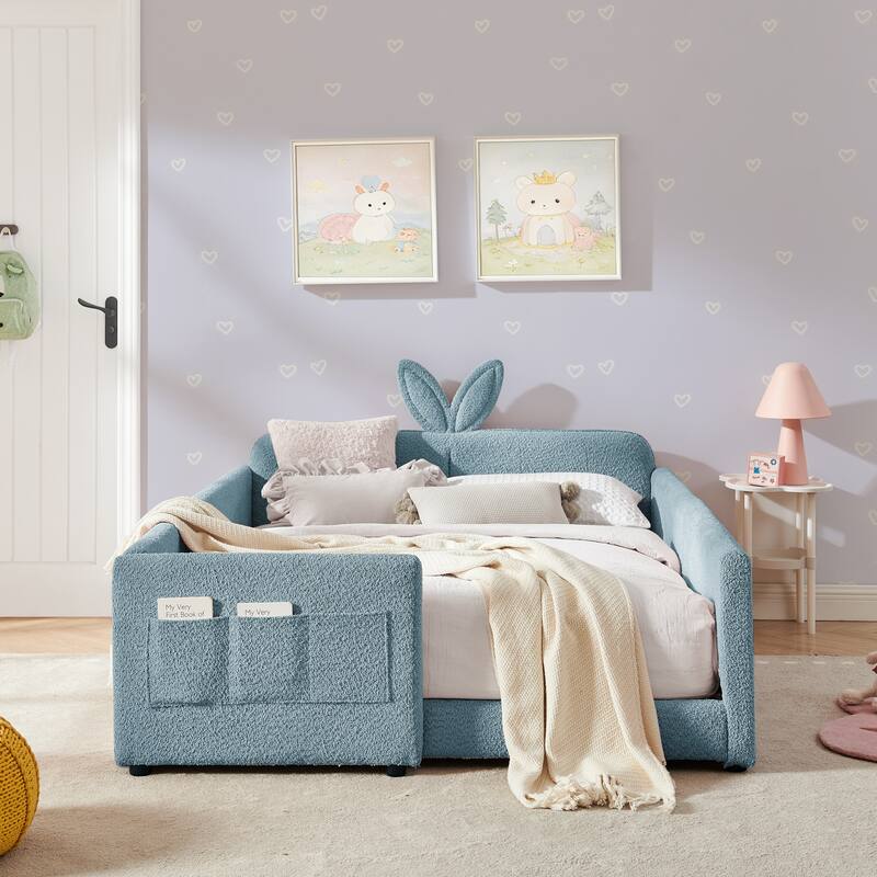Full Size Upholstered Platform Bed with Bunny Ear Headboard, Safety Rail & Pocket