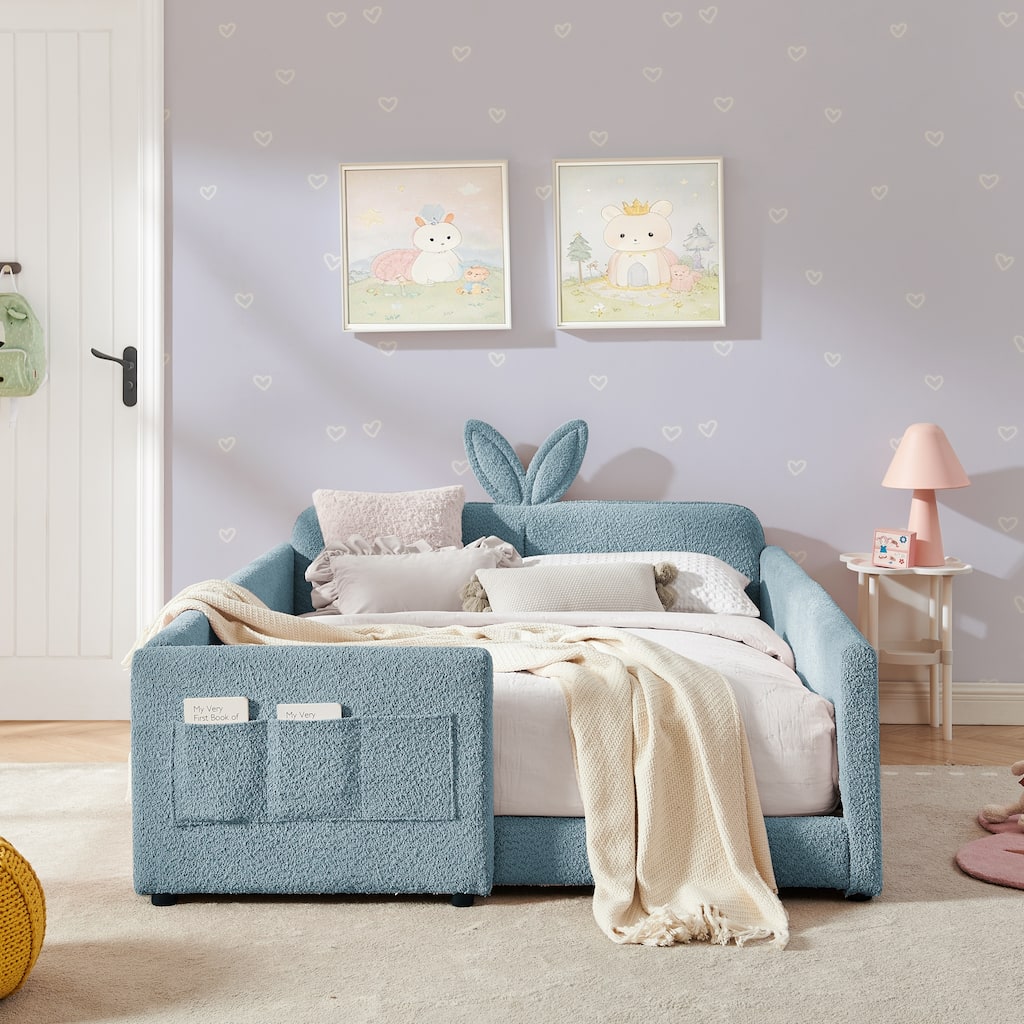 Full Size Upholstered Platform Bed with Cute Rabbit Ear Shaped Headboard, with Safety Rail and Pocket, Boucle Fabric