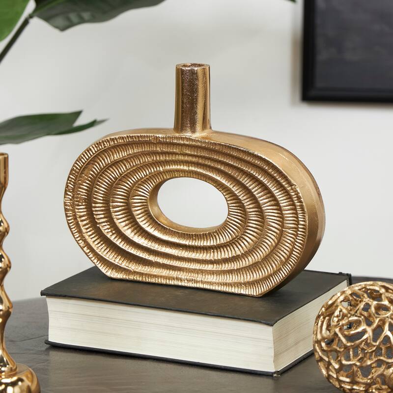 Gold Aluminum Metal Circular Geometric Vase with Linear Etchings - Gold - 12"W, 10"H