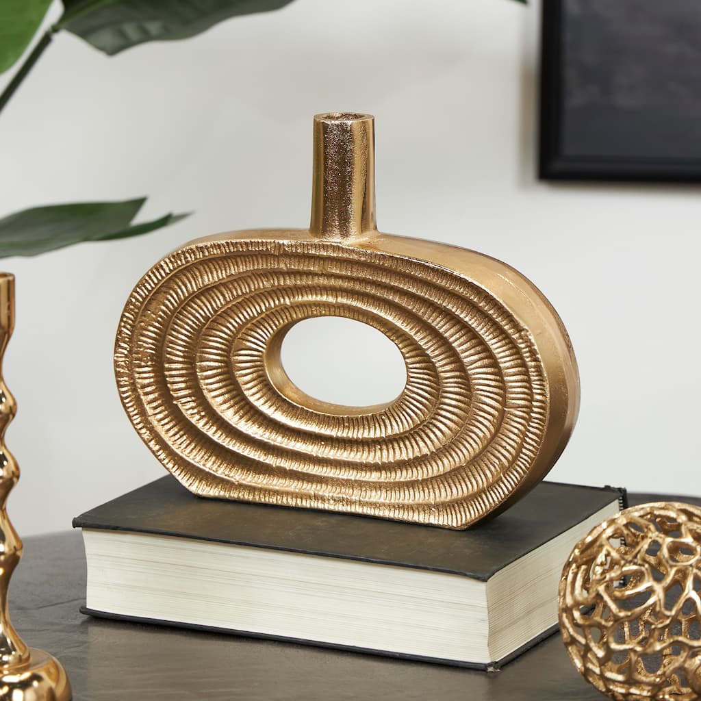 Gold Aluminum Metal Circular Geometric Vase with Linear Etchings
