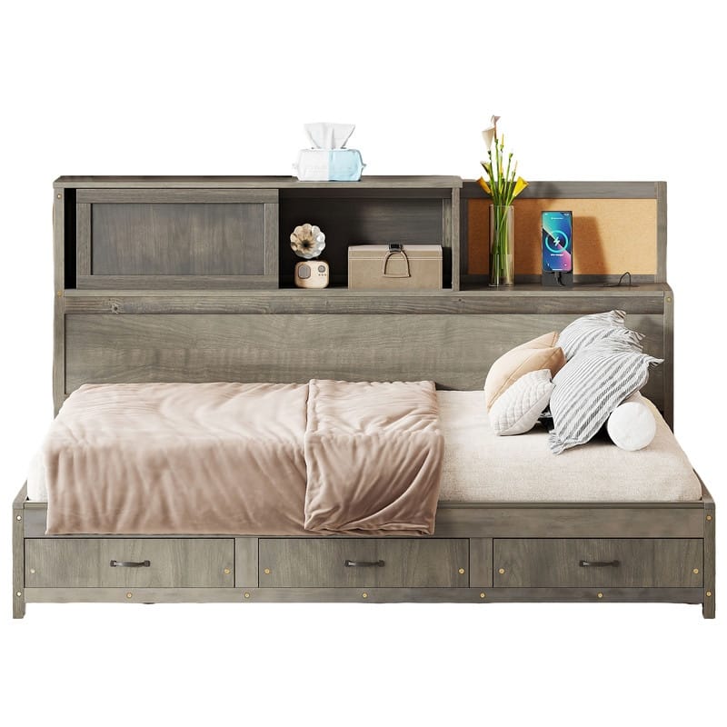 Multifunctional Wooden Daybed Featuring 3 Storage Drawers,Open Shelf, and Built-In Power Outlets with USB Ports‌ - Grey - Full