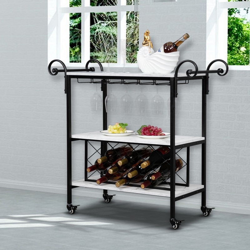3-Tier White Wood and Black Metal Wine Rack Kitchen Serving ...
