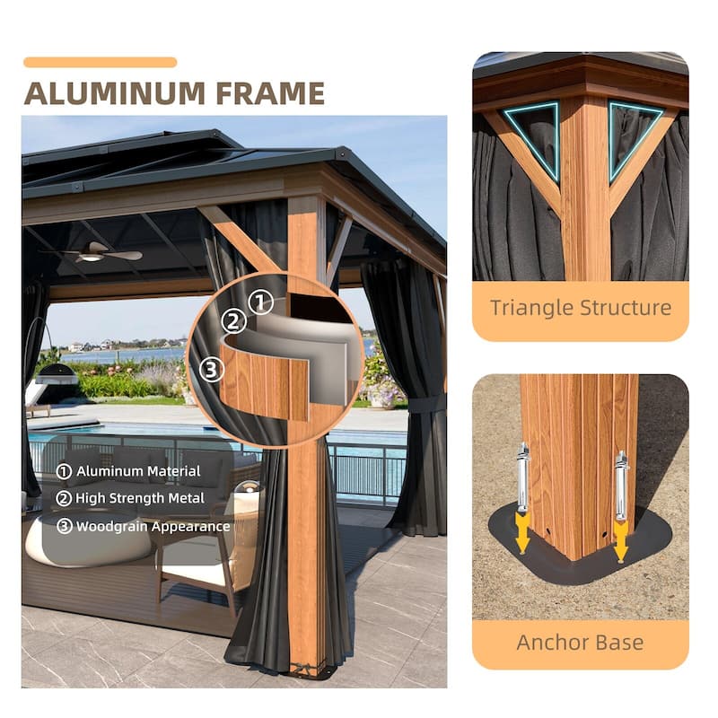 EROMMY Outdoor Wood Gazebo with Double Polycarbonate Roof, Heavy Duty Backyard Patio Pergola Canopy for Garden Shade